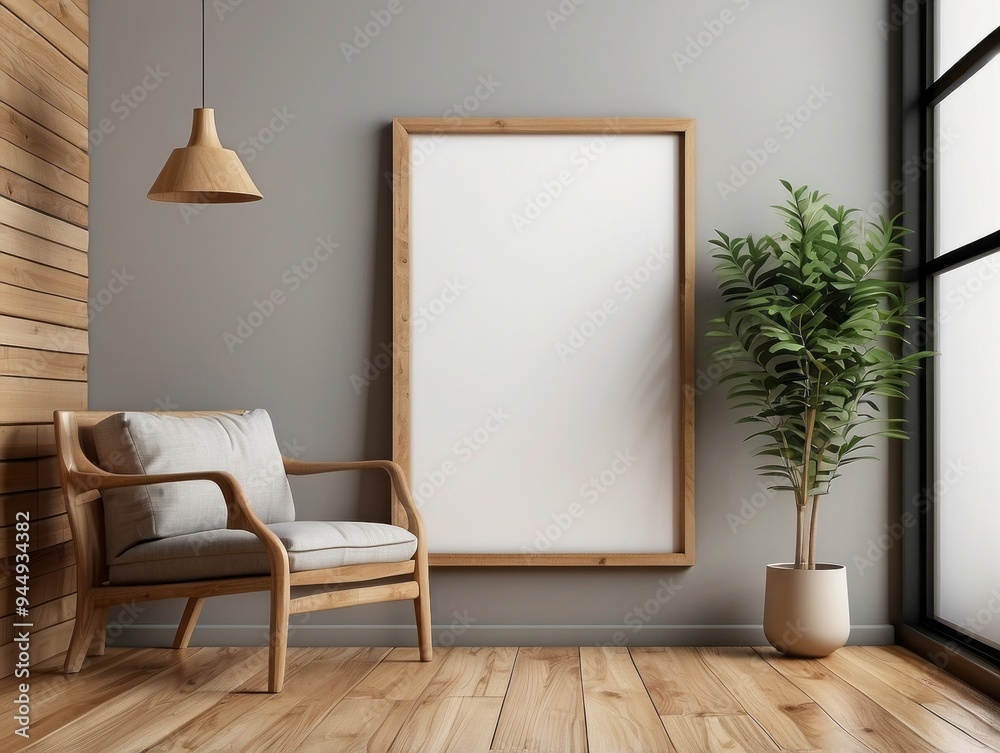 Modern Interior Design with Wooden Chair, Plant, and Blank Canvas Modern Interior Design with Wooden Chair, Plant, and Blank Canvas