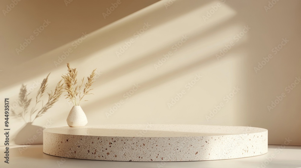 3D rendering of a blank mockup terrazzo curved podium against a beige circular background wall