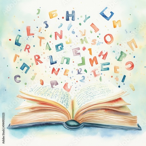 A whimsical illustration of an open book with colorful letters floating above, symbolizing imagination and creativity.