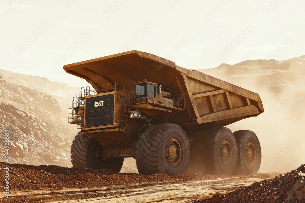Obraz premium A mining truck hauls a large load of ore through a rugged mining site. The truck's massive wheels navigate a dusty