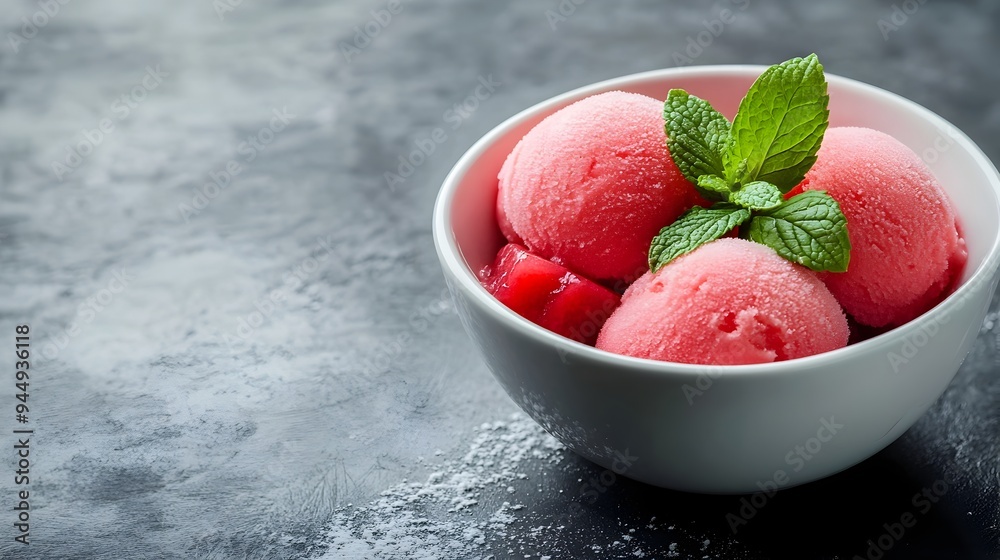 Close up shot of a bowl or glass filled with colorful and creamy fruit sorbet dessert garnished with a fresh mint leaf The sorbet is placed on a plain minimalist background with copy space Close up shot of a bowl or glass filled with colorful and creamy fruit sorbet dessert garnished with a fresh mint leaf The sorbet is placed on a plain minimalist background with copy space