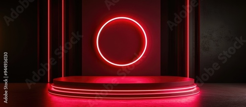 3D rendering of a sleek red podium with illuminated ring lighting effects photo