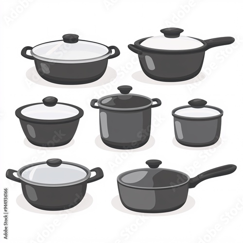 240805 203. A simple vector icon illustration depicting the group of non stick pans and pots items at center for a website isolated white background
