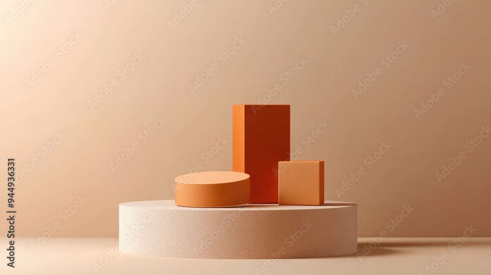 3D geometric shapes featuring orange and brown cubes on a minimal podium against a studio backdrop Abstract illustration for showcasing cosmetic or fashion products in natural color tones 3D geometric shapes featuring orange and brown cubes on a minimal podium against a studio backdrop Abstract illustration for showcasing cosmetic or fashion products in natural color tones