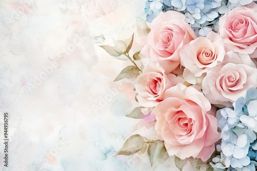 Soft pink roses and blue hydrangeas create a serene floral arrangement, perfect for backgrounds or romantic themes.