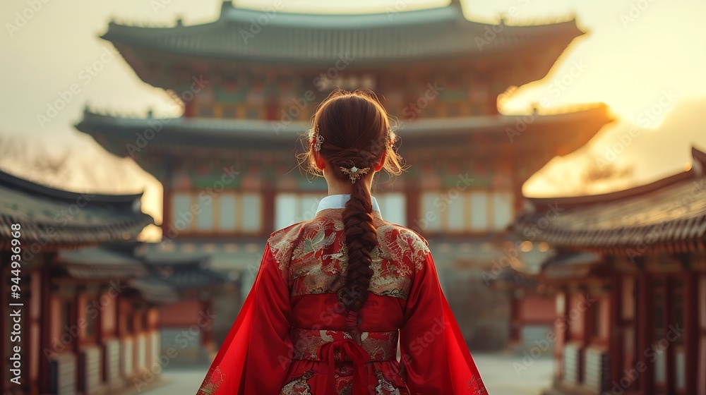 Fototapeta premium A serene image of a Korean model in a traditional hanbok, standing elegantly before the grand Gyeongbokgung Palace.