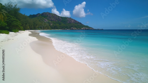 Beautiful Seychelles beach with fine white sand and calm blue ocean, a perfect tropical paradise