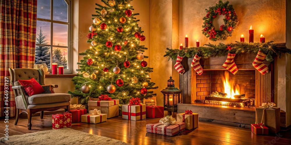 Cozy Christmas setting with a decorated tree and gifts by the fireplace, Christmas, cozy, festive, holiday Cozy Christmas setting with a decorated tree and gifts by the fireplace, Christmas, cozy, festive, holiday