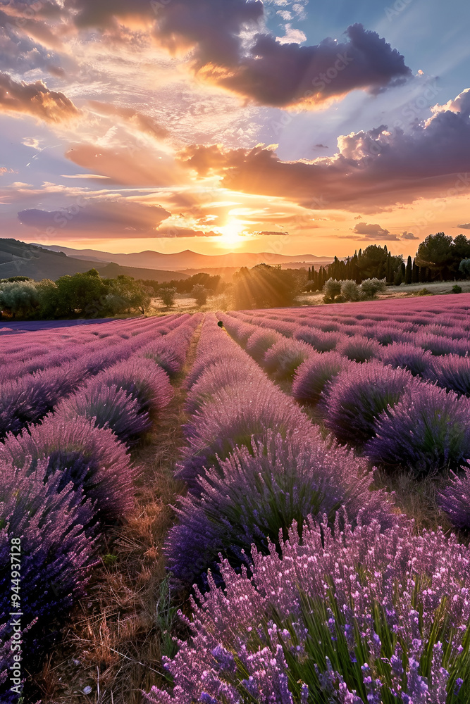 Obraz premium Stunning landscape with lavender field at sunset. magical shades of purple and pink ,a wide shot of lavender fields at sunrise