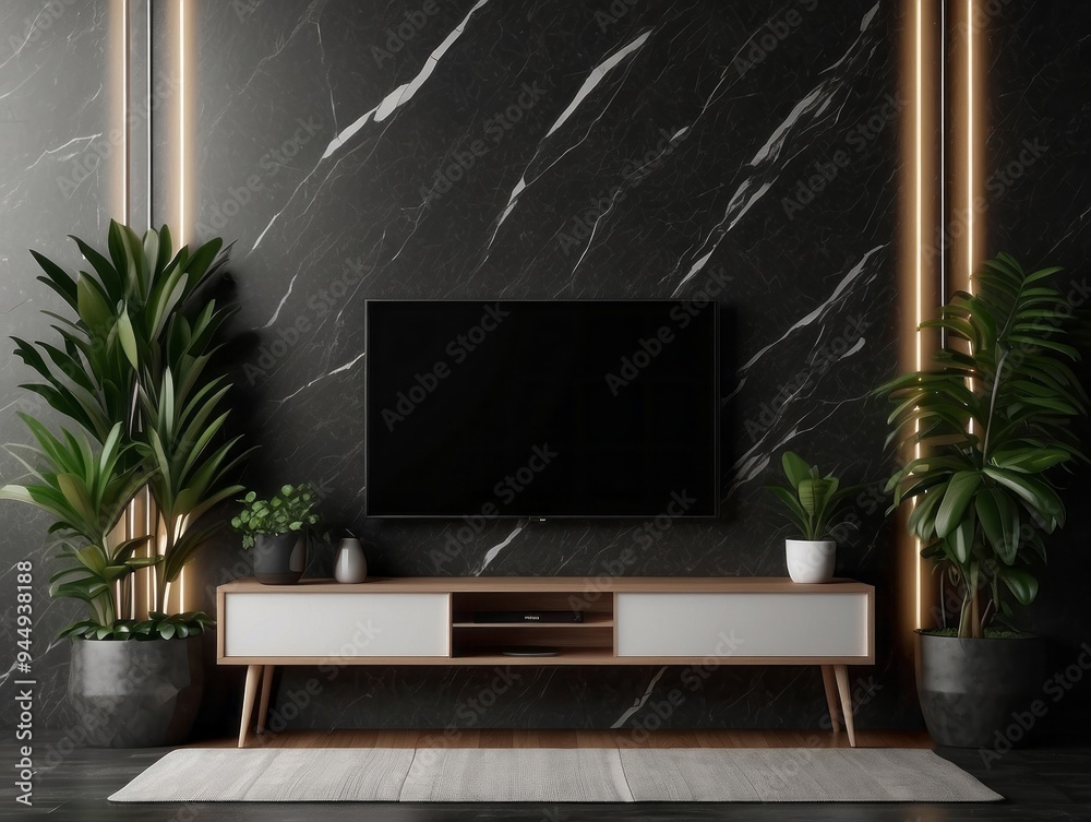 Modern Living Room with Black Marble Wall, TV, and Plants Modern Living Room with Black Marble Wall, TV, and Plants