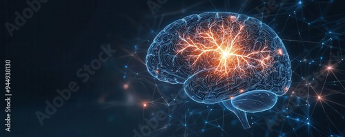 Digital illustration of stroke impact on cognitive functions, brain with disrupted neural pathways, cerebrovascular, neurology