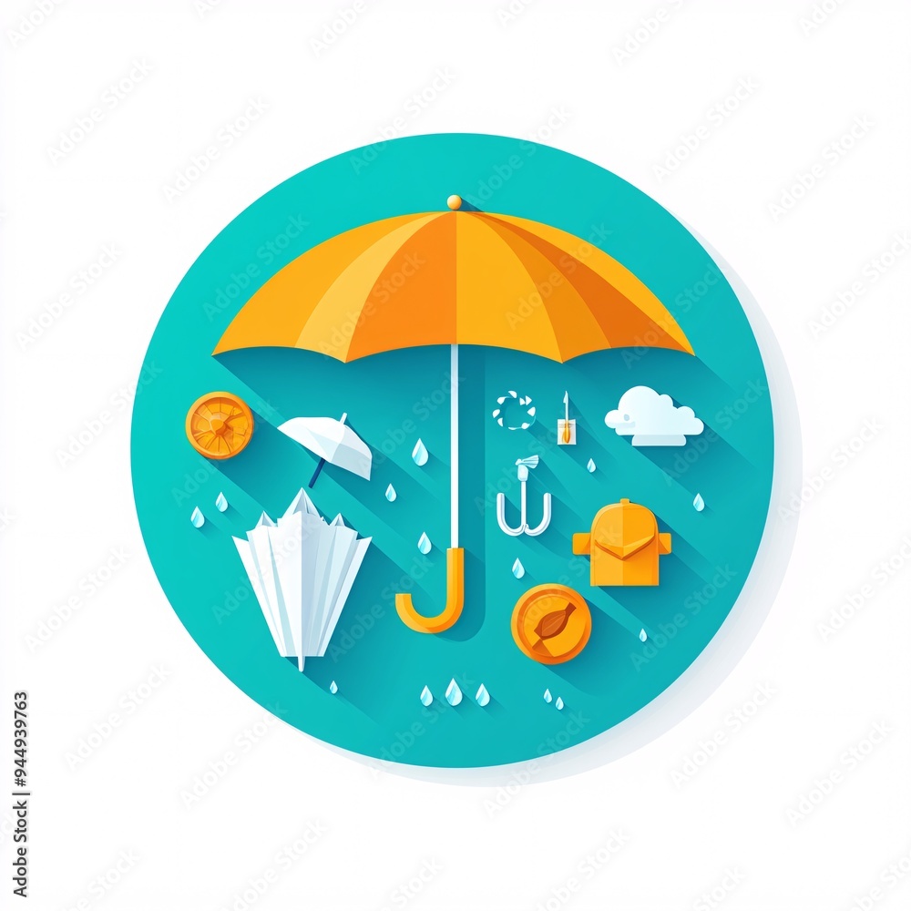 240805 216. A simple vector icon illustration depicting the group of weather protection items at center for a website isolated white background with umbrella as focal point 240805 216. A simple vector icon illustration depicting the group of weather protection items at center for a website isolated white background with umbrella as focal point