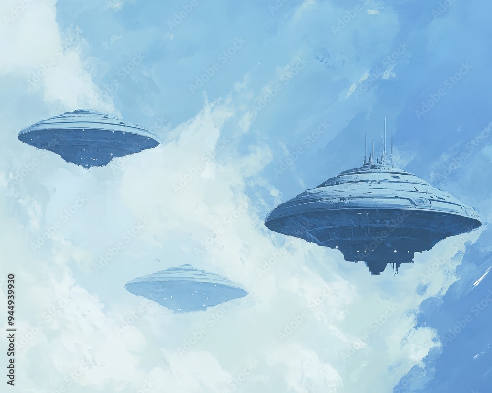 Futuristic flying saucers hover in a serene blue sky, creating an otherworldly atmosphere of exploration and wonder. Futuristic flying saucers hover in a serene blue sky, creating an otherworldly atmosphere of exploration and wonder.