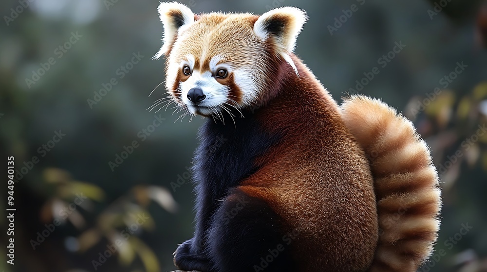 Curious Red Panda Sitting with Bushy Tail - Back View