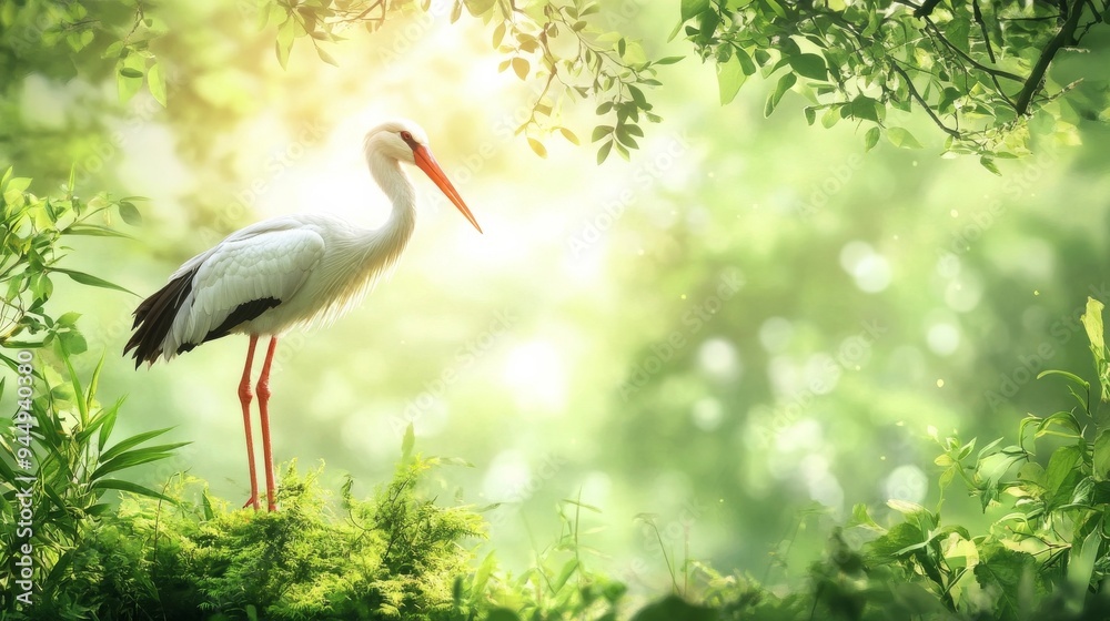 Fototapeta premium A stork's grace, amidst green's embrace.