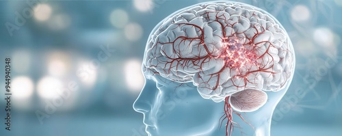 Illustration of subarachnoid hemorrhage with surrounding brain damage, hemorrhagic stroke, neuroscience