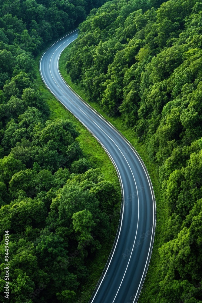 Winding road through lush green forest, showcasing nature's beauty and tranquility in a scenic landscape. Winding road through lush green forest, showcasing nature's beauty and tranquility in a scenic landscape.