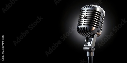 Realistic retro microphone on black background, vintage, audio, equipment, classic, music, studio, professional, recording