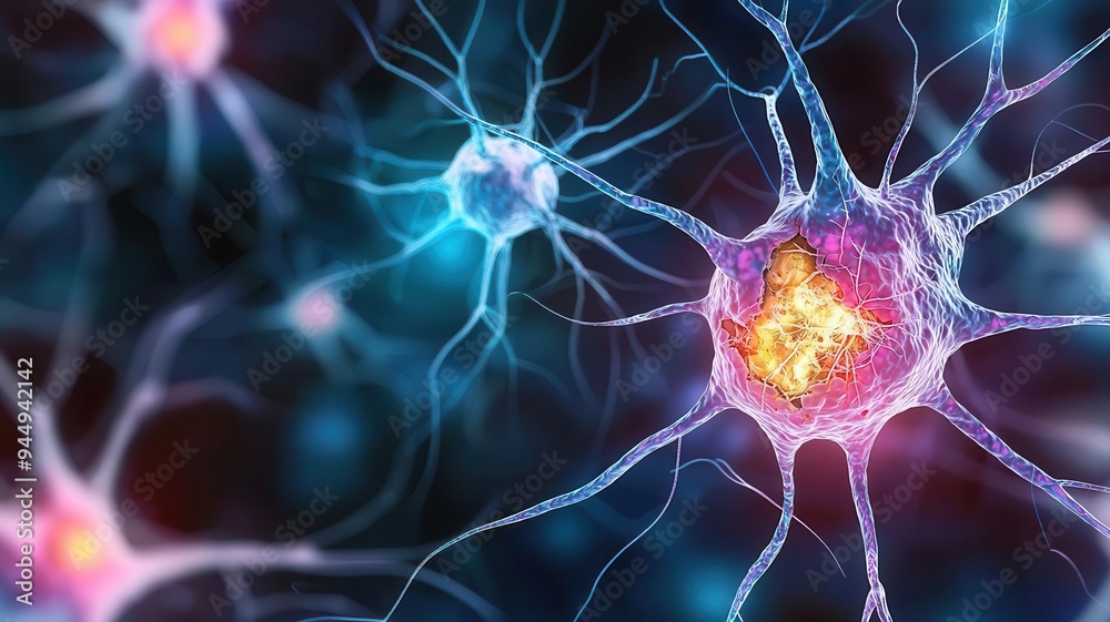Neurons affected by ischemic stroke, microscopic view, vibrant colors highlighting damage, cerebrovascular, neurological study