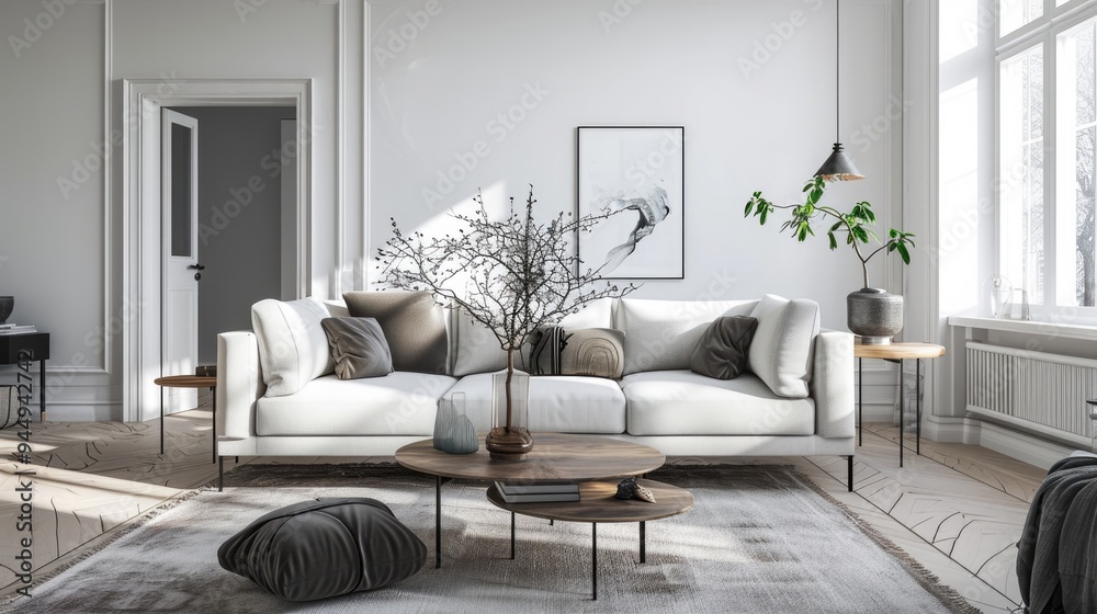 Fototapeta premium Modern Scandinavian Living Room Interior with Sofa and Branch