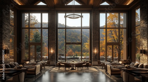 Elegant dining area with expansive windows showcasing autumn foliage in the mountains at sunset