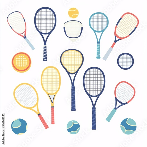 240805 233. A simple vector icon illustration depicting the group of racket sport essentials at center for a website isolated white background with tennis rackets and balls