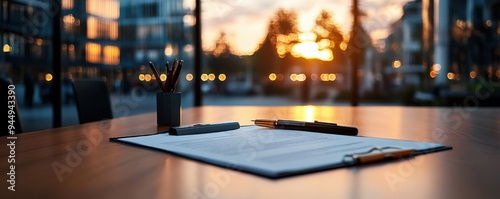 Close-up of a contract on a desk with a pen and sunset view, symbolizing business agreements, negotiations, and real estate deals.