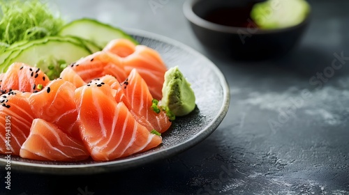 Elegant Japanese Sashimi Plate with Soy Sauce and Wasabi A Delectable Seafood Feast Fit for a Culinary Connoisseur