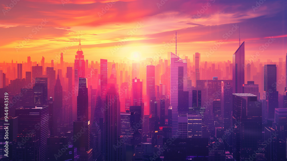Fototapeta premium Vibrant city skyline at sunset with colorful skyscrapers and glowing lights