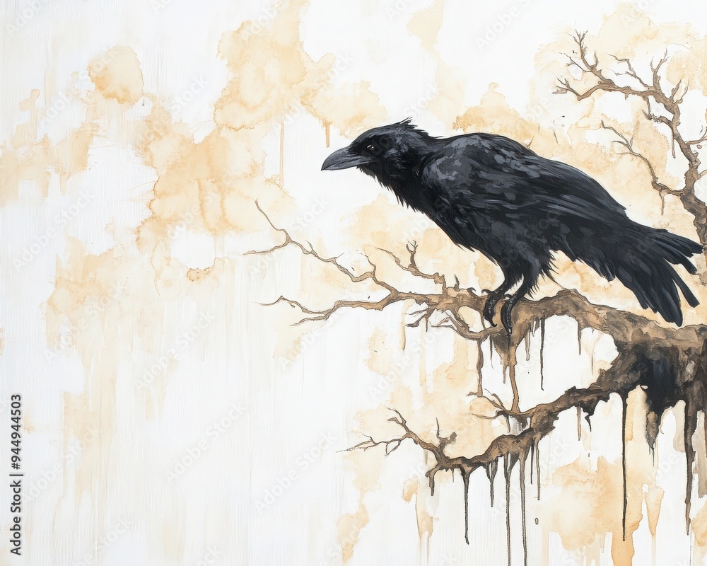 Fototapeta premium Artistic painting of a black raven perched on a leafless branch against a light abstract background with drips of paint.