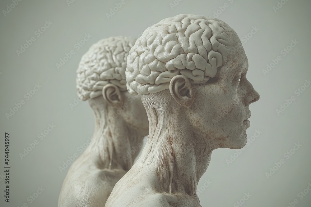 Rear view of heads with brains exposed pondering on existential questions and the vastness of human thought Rear view of heads with brains exposed pondering on existential questions and the vastness of human thought