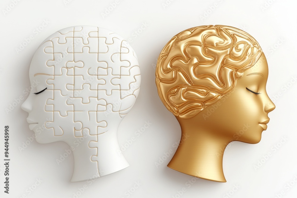 Golden and silver brain halves merging showcasing the fusion of creativity and logic in human intelligence Golden and silver brain halves merging showcasing the fusion of creativity and logic in human intelligence
