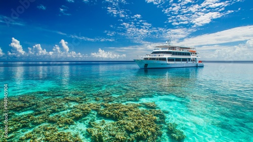 Large pleasure craft is anchored on a shallow reef during a beautiful day.