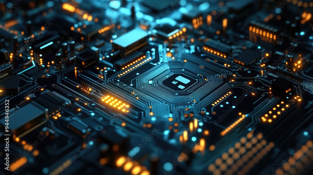 Abstract circuit board background with network technology elements 3D rendering showcasing a conceptual design Abstract circuit board background with network technology elements 3D rendering showcasing a conceptual design