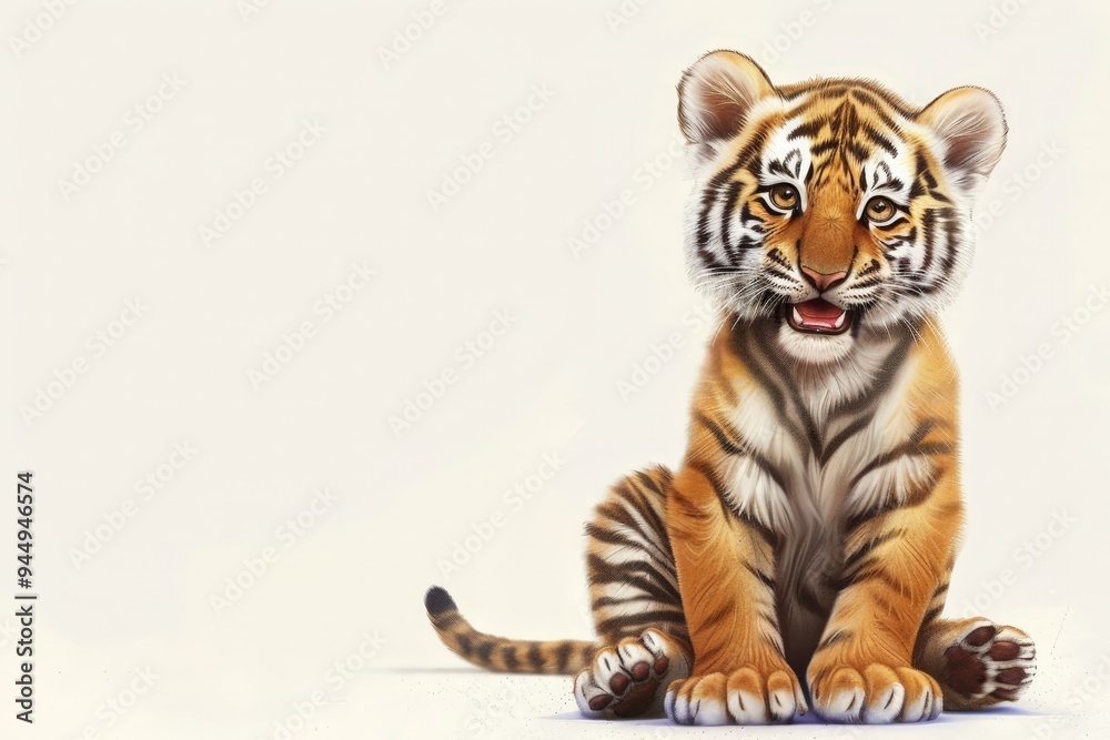 Obraz premium A baby Northeast Tiger in a cartoon and Chinese ink painting style sits happily on the ground, with a raised posture and a broad smile.