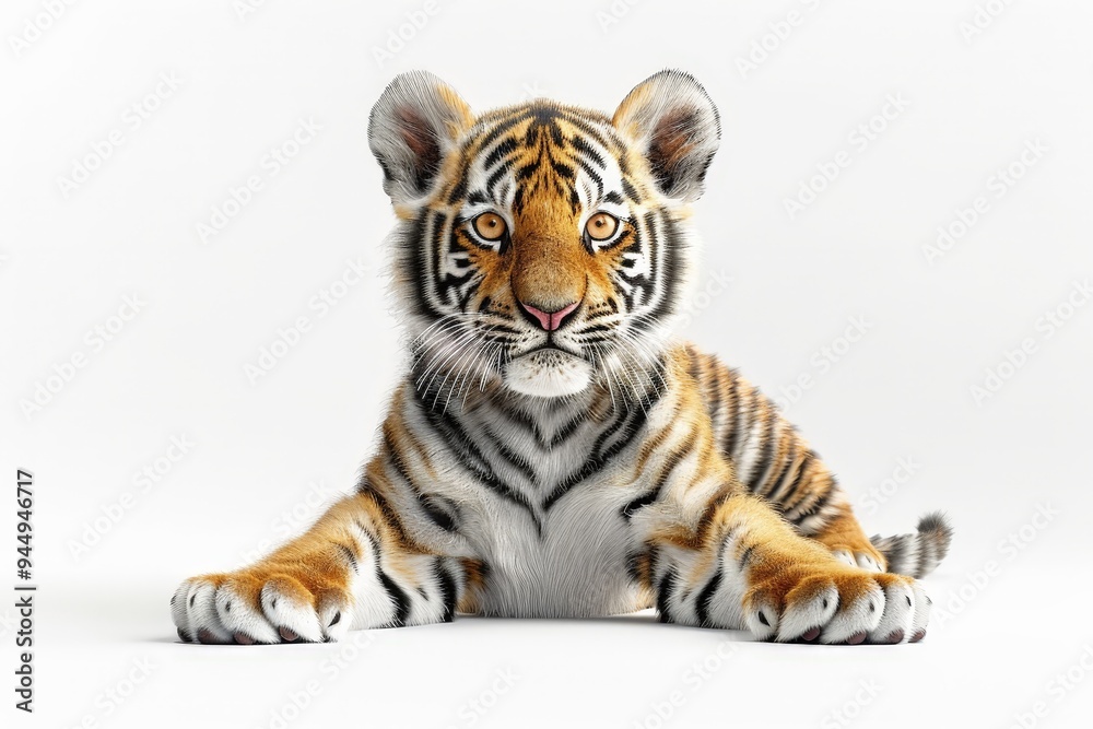 Obraz premium A baby Northeast Tiger in a cartoon and Chinese ink painting style sits on a white background, smiling with its paws raised.