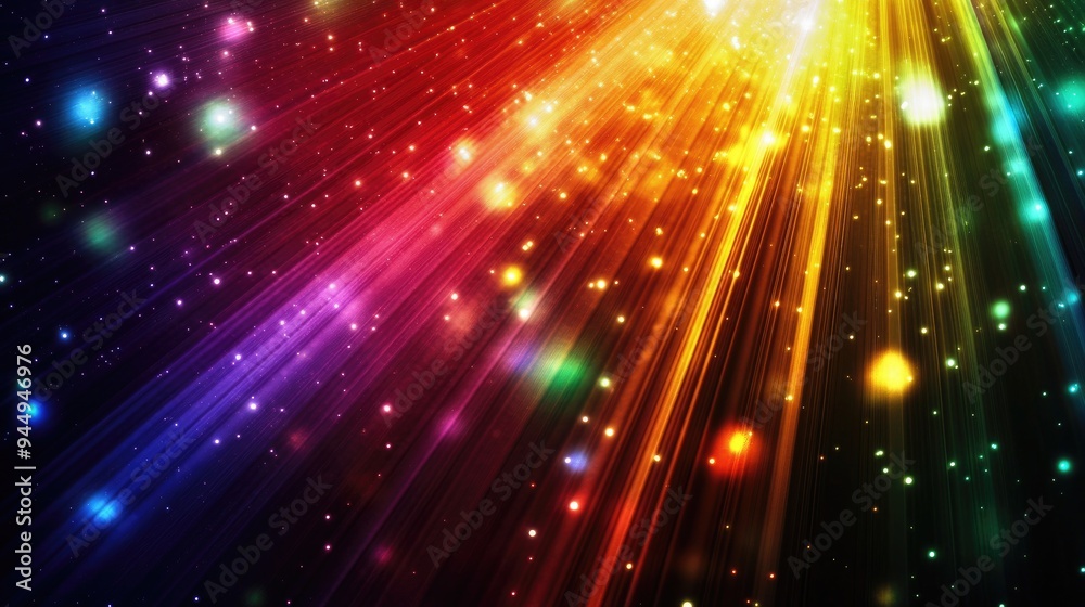 Colorful rays of light resembling stars on a dark background creating an abstract rainbow effect with a lens flare