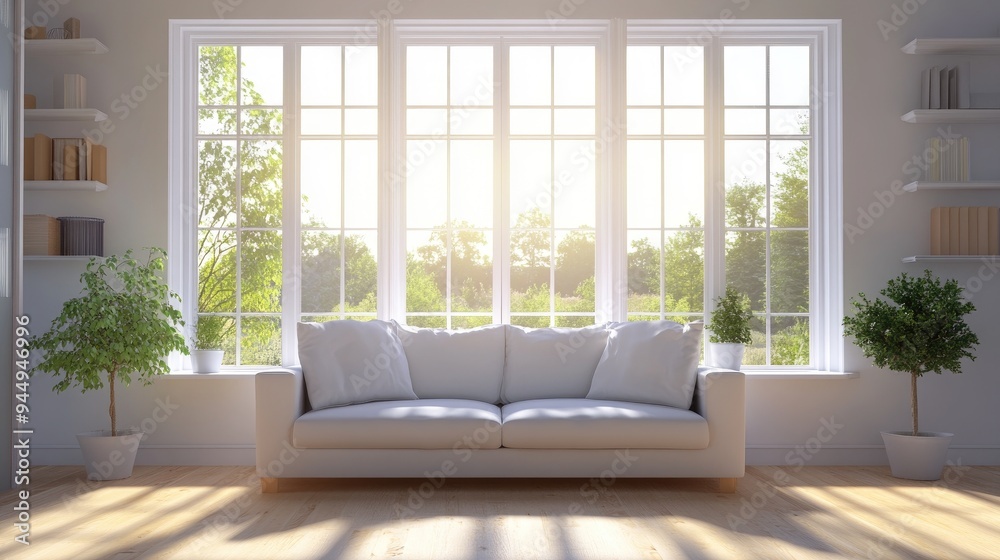 Concept of a bright room featuring a sofa with a summer view through the window showcasing Scandinavian interior design in a 3D illustration Concept of a bright room featuring a sofa with a summer view through the window showcasing Scandinavian interior design in a 3D illustration