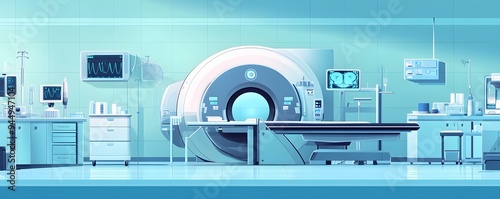 MRI Scanner and Medical Equipment in a Modern Hospital Room photo