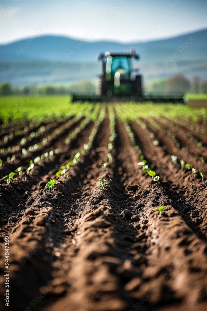 A close-up shot of a tractor planting seeds in a freshly plowed field, with rows of soil and emerging green shoots visible. A close-up shot of a tractor planting seeds in a freshly plowed field, with rows of soil and emerging green shoots visible.