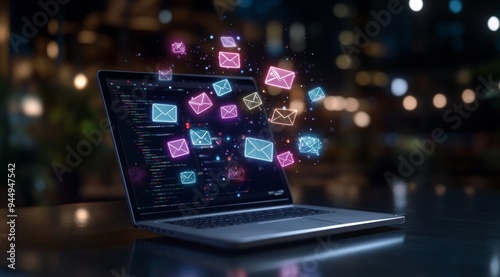 An open laptop displaying code with multiple colorful email icons flying out of the screen, representing communication and the dynamic nature of digital technology.