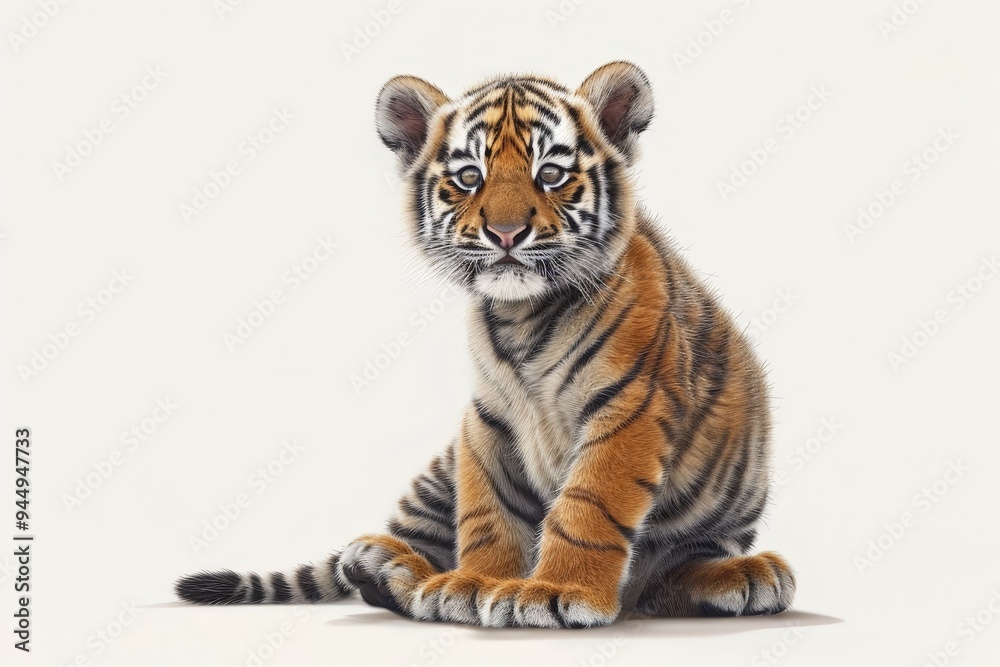 Obraz premium A cute baby Northeast Tiger, styled in cartoon and Chinese ink painting, sits on the ground with a raised posture and a joyful smile against a white background.
