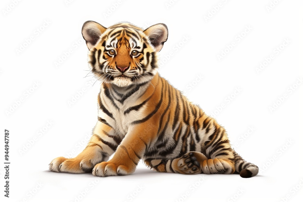 Obraz premium A cute baby Northeast Tiger, styled in cartoon and Chinese ink painting, sits on the ground with a raised posture and a joyful smile against a white background.
