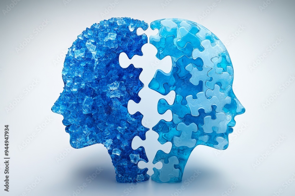Blue and white brain puzzle piece head illustrating the complexity and connectivity of cognitive processes Blue and white brain puzzle piece head illustrating the complexity and connectivity of cognitive processes