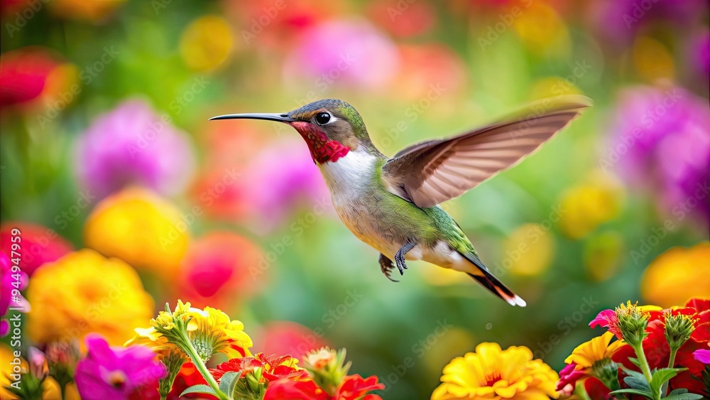 Naklejka premium Hummingbird hovering in mid-air surrounded by colorful flowers, hummingbird, flying, flowers, wings, wildlife, nature