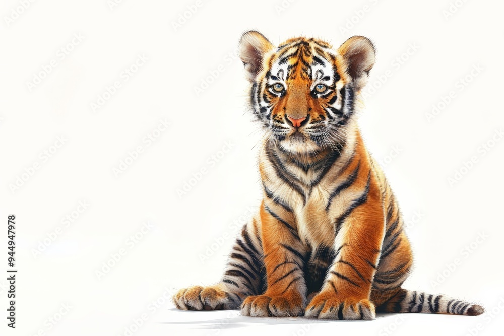 Obraz premium Northeast Tiger, designed in cartoon and Chinese ink painting style, sits happily on the ground with a raised posture and a smile.