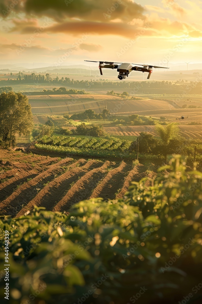 A dynamic depiction of an agricultural drone flying over a field, capturing real-time data for crop monitoring.