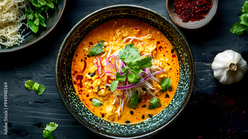 An artistic composition of Khao Soi in a traditional ceramic bowl, with vibrant colors from the curry, noodles