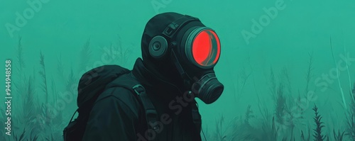 Person in a protective gas mask exploring a foggy, eerie environment with a glowing red lens, evoking themes of survival and dystopia. photo