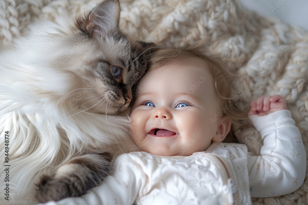A five-month-old baby girl smiles brightly as a long-haired cat with blue eyes tenderly licks her cheek. A five-month-old baby girl smiles brightly as a long-haired cat with blue eyes tenderly licks her cheek.